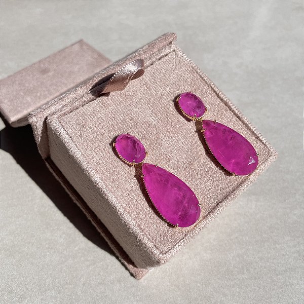 Brinco Gota Luxo Pink Fusion Banhado a Ouro
