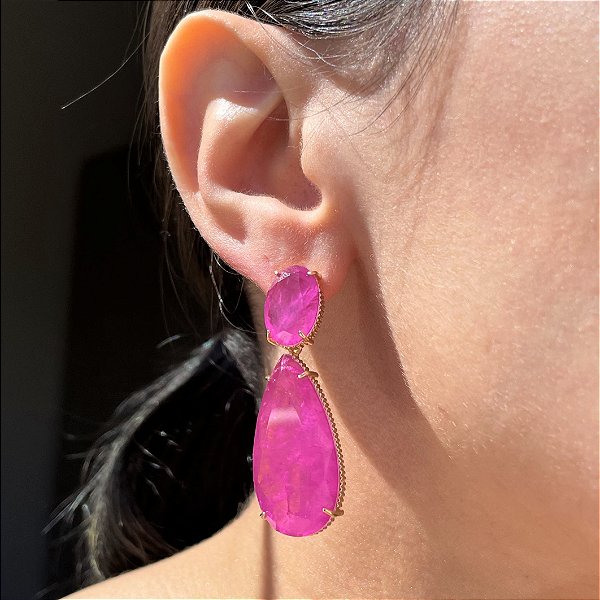 Brinco Gota Luxo Pink Fusion Banhado a Ouro