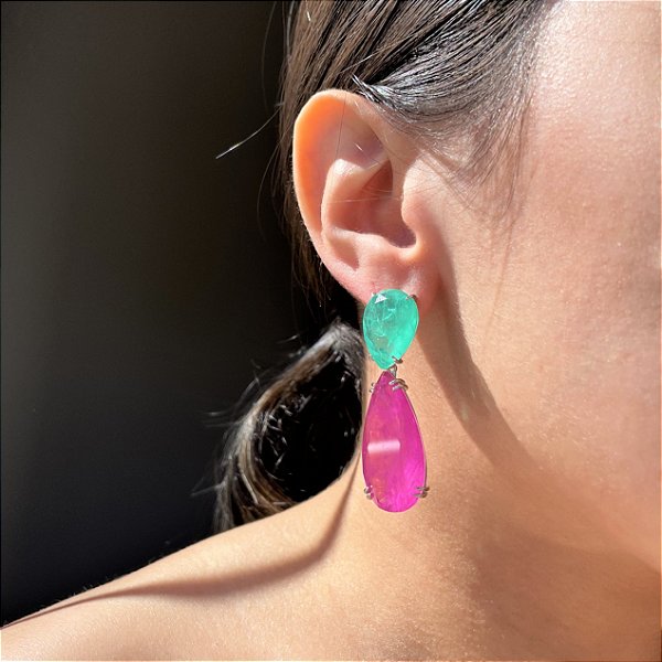 Brinco Gota Luxo Bicolor Turmalina e Pink Fusion Banhado a Ródio Branco