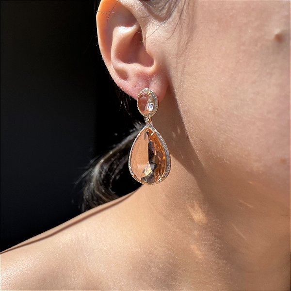 Brinco Gota Morganita Borda Cravejada Banhado a Ouro