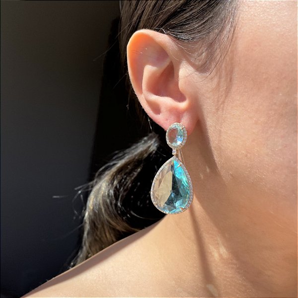 Brinco Gota Azul Borda Cravejada Banhado a Ouro