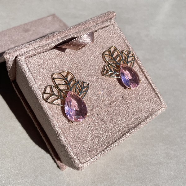 Brinco Folha Vazada Gota Light Pink Banhado a Ouro