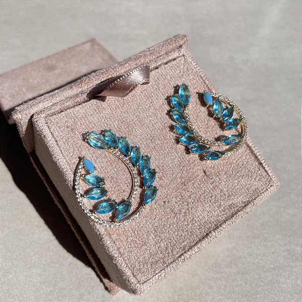 Brinco Argola Frontal Navetes Azul Banhado a Ouro