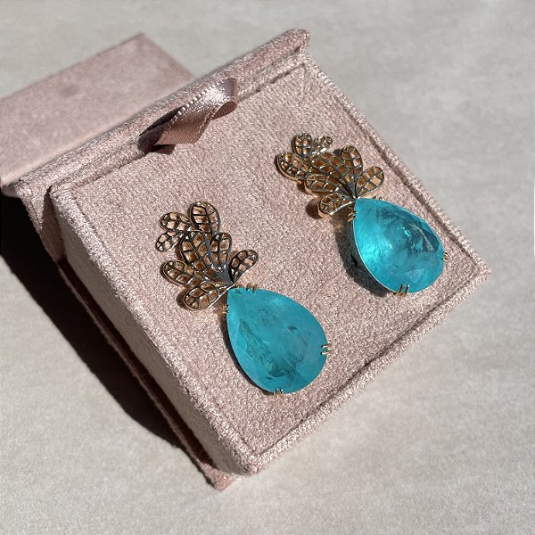 Brinco Luxo Folhagem Gota Azul Fusion Banhado a Ouro