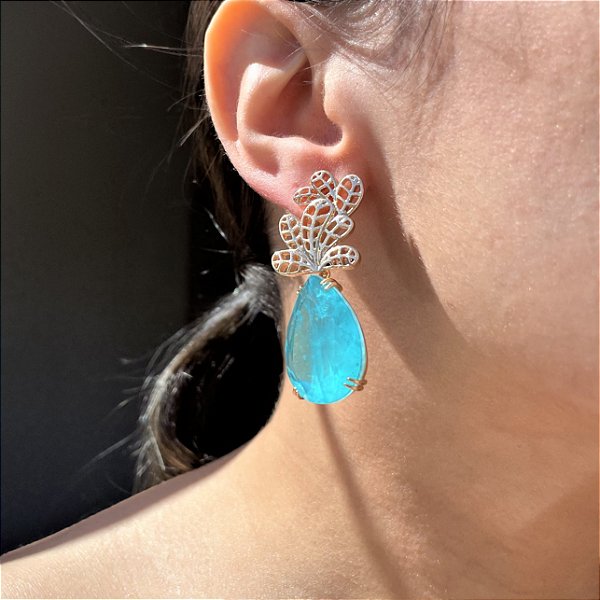 Brinco Luxo Folhagem Gota Azul Fusion Banhado a Ouro