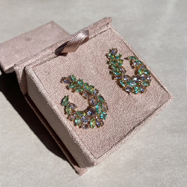 Brinco Argola Frontal Bicolor Ametista e Turmalina Banhado a Ouro