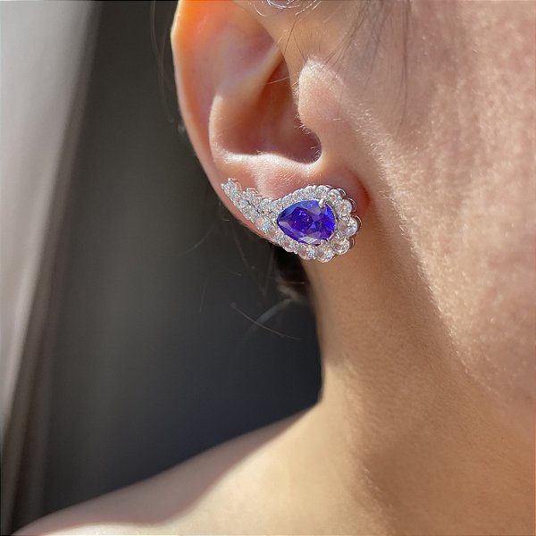 Brinco Ear Cuff Gota Ametista Banhado a Ródio Branco