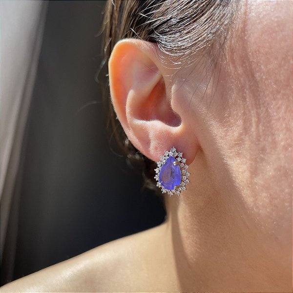 Brinco Gota Ametista Fusion Princess Banhado a Ródio Branco