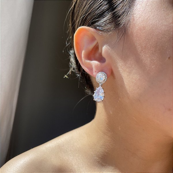 Brinco Mini Gota Cristal Banhado a Ródio Branco