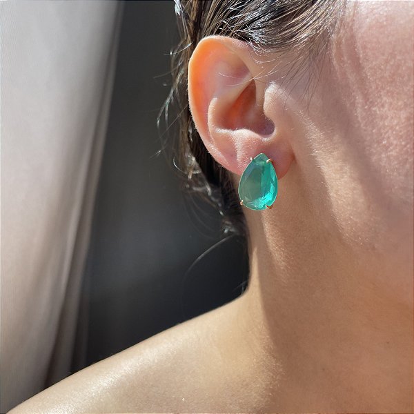 Brinco Gota Solitário Turmalina Leitosa Banhado a Ouro