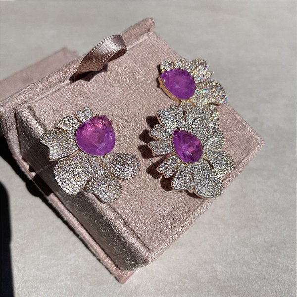 Conjunto Flower Cravejado Ultraviolet Fusion Banhado a Ouro - ARO 19