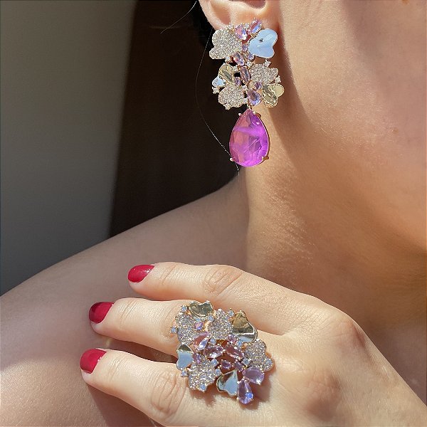 Conjunto Flower Ametista e Fúcsia Fusion Banhado a Ouro - ARO 19