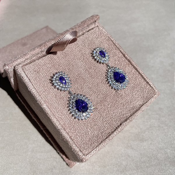 Brinco Gota Ametista Banhado a Ródio Branco