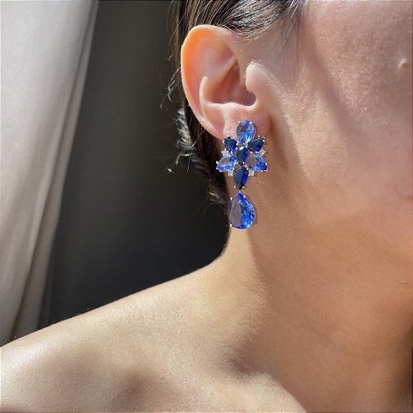 Brinco Bicolor Tanzanita e Safira Azul Banhado a Ródio Branco