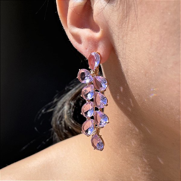 Brinco Gotas Ametista Rosê Banhado a Ouro