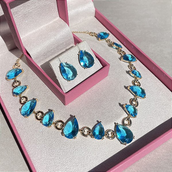 Conjunto Luxo Gota Azul Banhado a Ouro