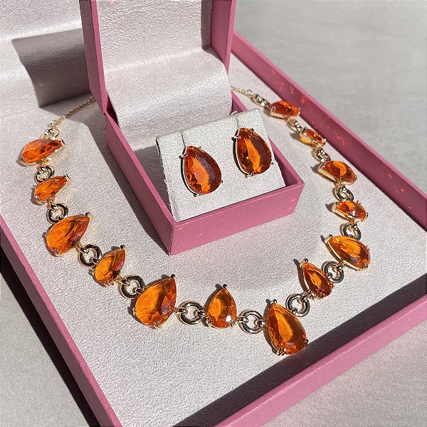 Conjunto Luxo Gota Laranja Banhado a Ouro