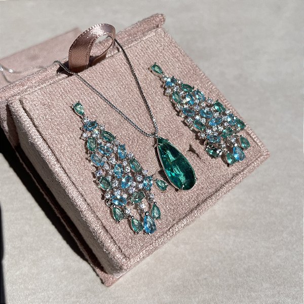 Conjunto Degradê Turmalina Verde Banhado a Ródio Branco