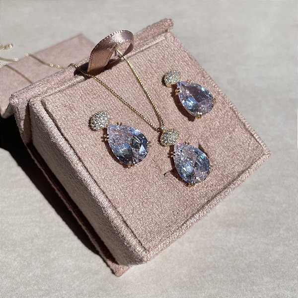 Conjunto Gota Cristal Banhado a Ouro