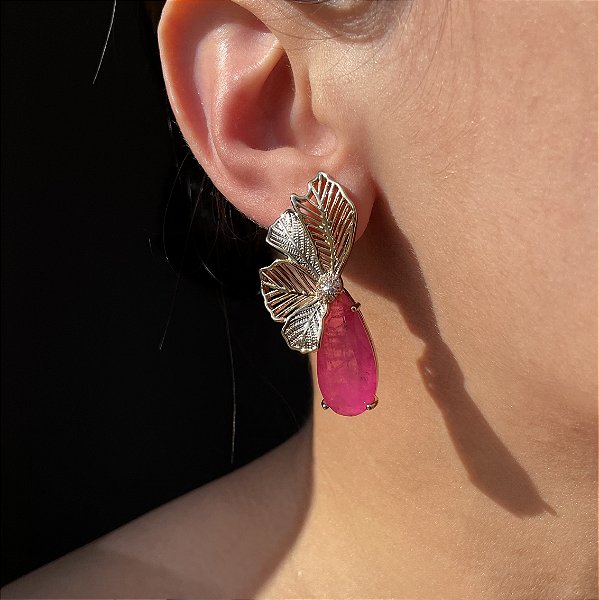 Brinco Meia Flor Pink Fusion Banhado a Ouro