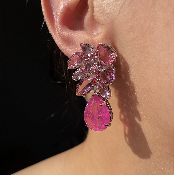 Brinco Navetes Zircônias Safira Rosa e Gota Pink Fusion Banhado a Ródio Branco
