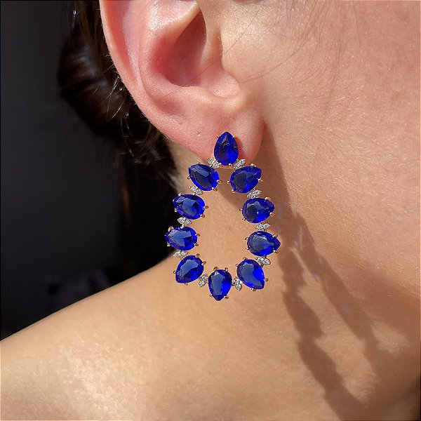 Brinco Gota Vazada Safira Azul Banhado a Ouro