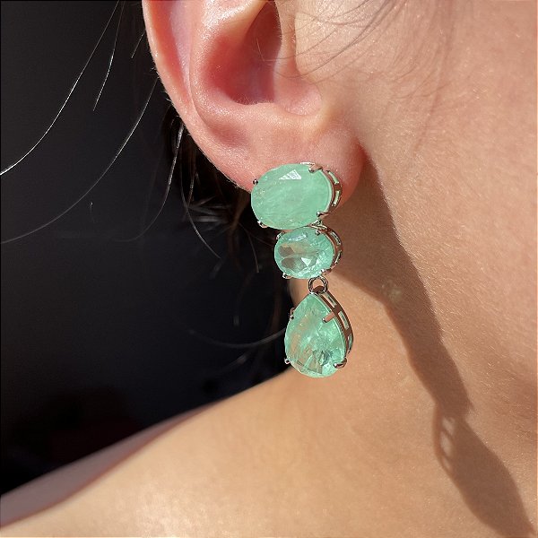 Brinco Geométrico Greenery Fusion Banhado a Ródio Branco