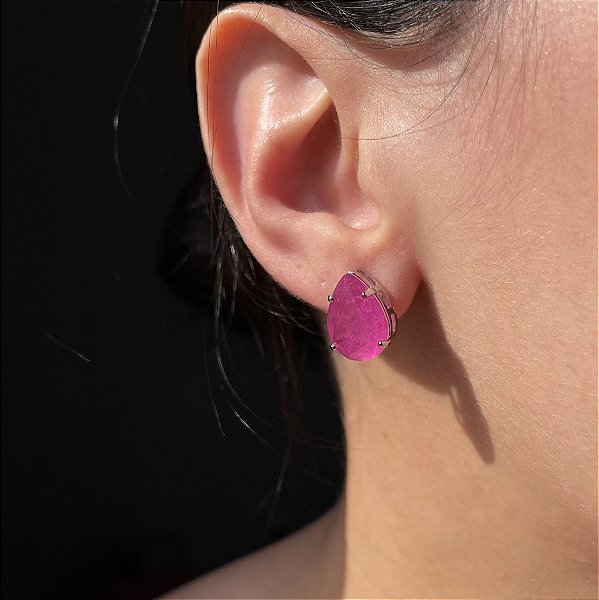 Brinco Gota Solitário Pink Fusion Banhado a Ródio Branco