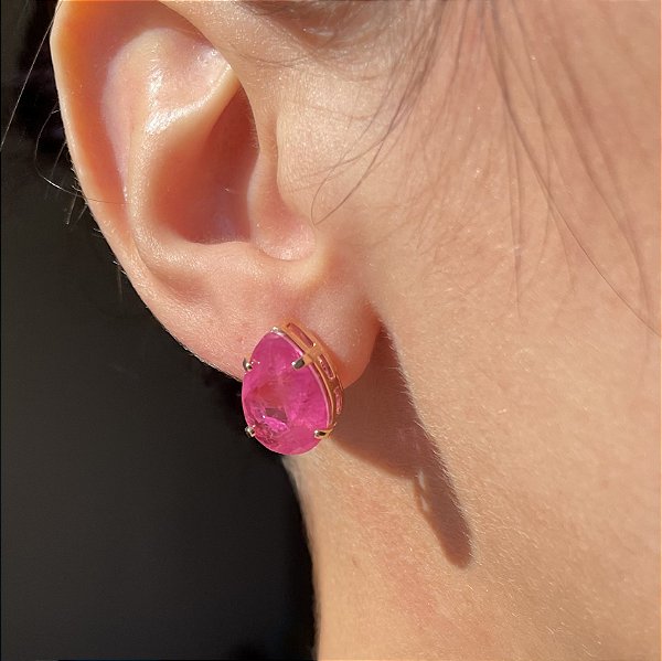 Brinco Gota Solitário Pink Fusion Banhado a Ouro