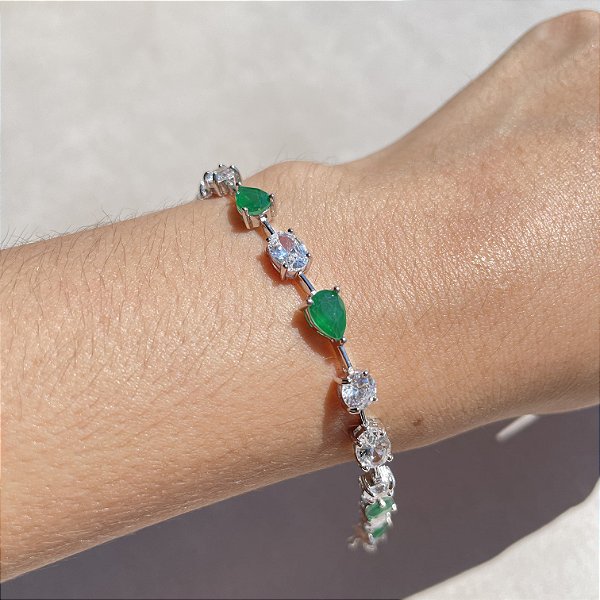 Pulseira Geométrica Esmeralda Fusion Banhado a Ródio Branco