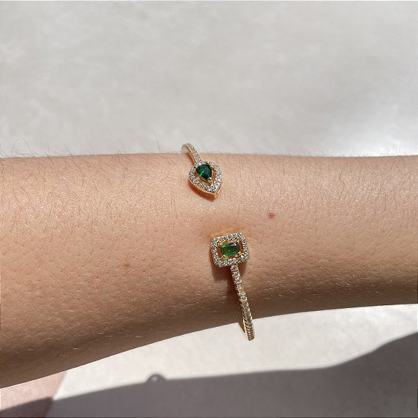Bracelete Retângulo/Gota Esmeralda Banhado a Ouro - Regulável