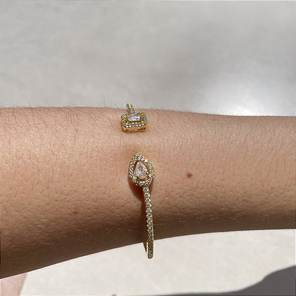 Bracelete Retângulo/Gota Cristal Banhado a Ouro - Regulável