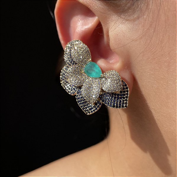 Brinco Ear Cuff Meia Flor Safira Azul e Turmalina Fusion Banhado a Ouro