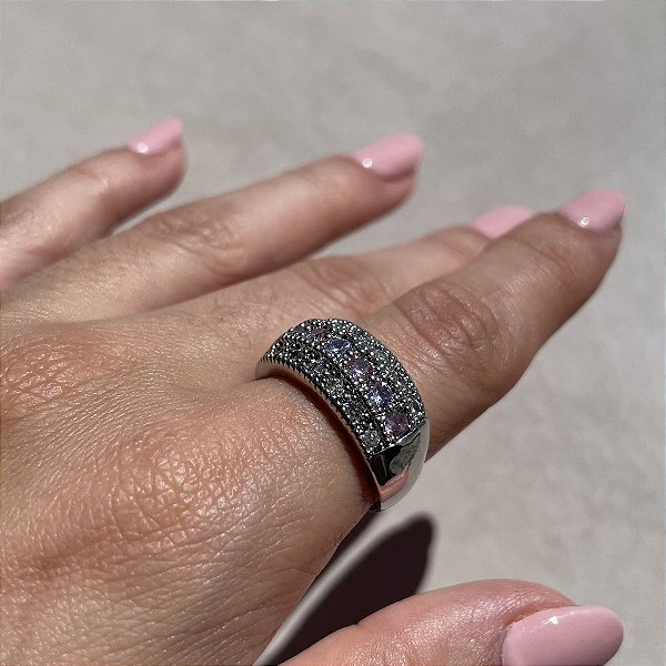 Anel Cravejado Cristal e Rosa Claro e Ametista Banhado a Ródio Branco - Aro 16