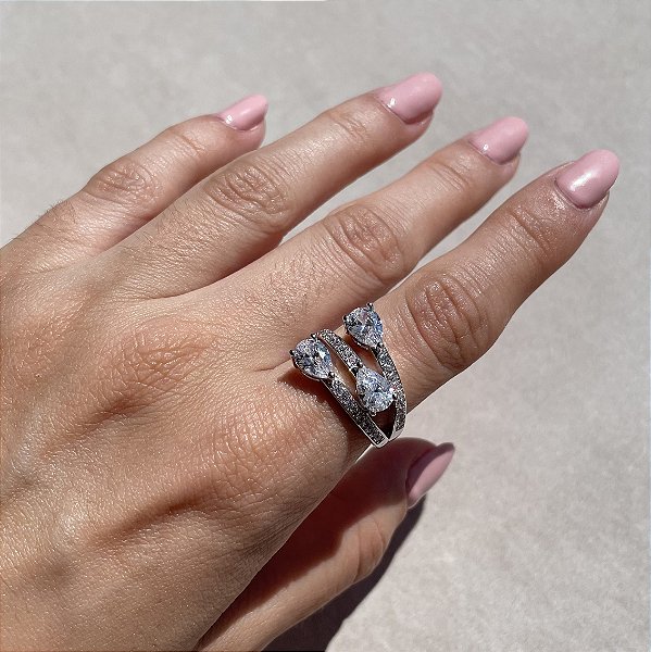 Anel Três Gotas Cristal Banhado a Ródio Branco - Aro 16/17