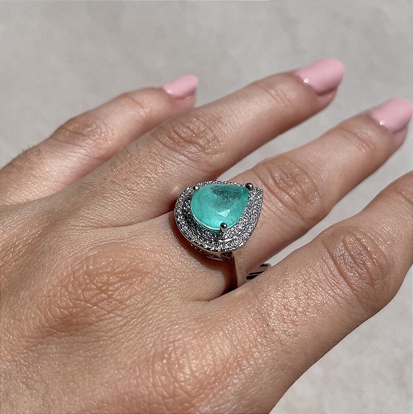 Anel Gota Borda Cravejada Turmalina Fusion Banhado a Ródio Branco - Aro 17