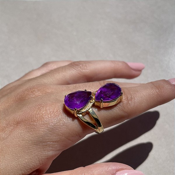 Anel Assimétrico Duas Gotas Ultraviolet Banhado a Ouro