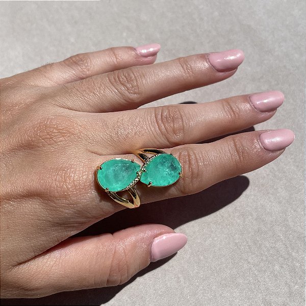 Anel Assimétrico Duas Gotas Turmalina Fusion Banhado a Ouro