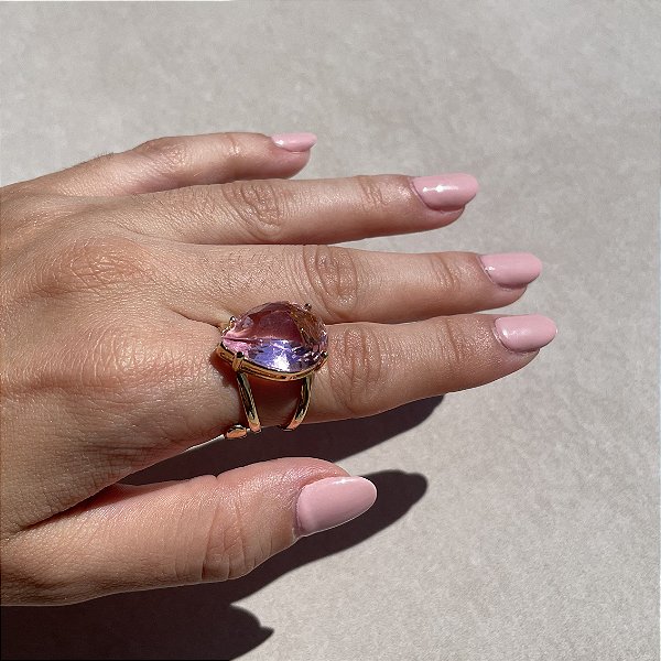 Anel Gota Rosa Claro Banhado a Ouro - Aro Regulável