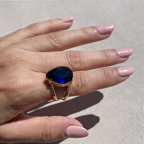 Anel Gota Safira Azul Banhado a Ouro - Aro Regulável