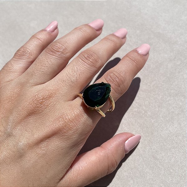 Anel Gota Esmeralda Banhado a Ouro - Aro Regulável