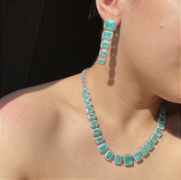 Conjunto Luxo Retangular Turmalina Fusion Banhado a Ródio Branco