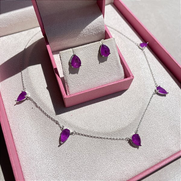 Conjunto Gotas Fúcsia Fusion Banhado a Ródio Branco