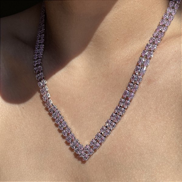 Colar Riviera Dupla Navetes Light Pink Banhado a Ródio Branco