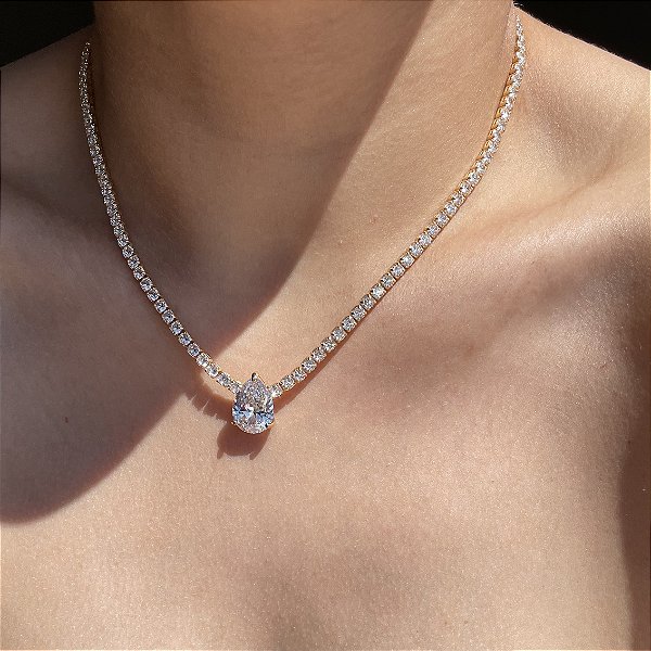 Colar Riviera Maleável Gota Cristal Banhado a Ouro