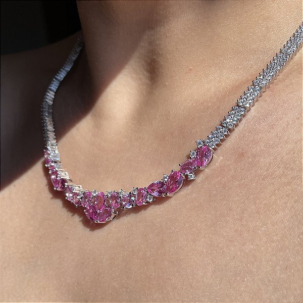 Colar Riviera Luxo Safira Rosa Trama Rígida Banhado a Ródio Branco