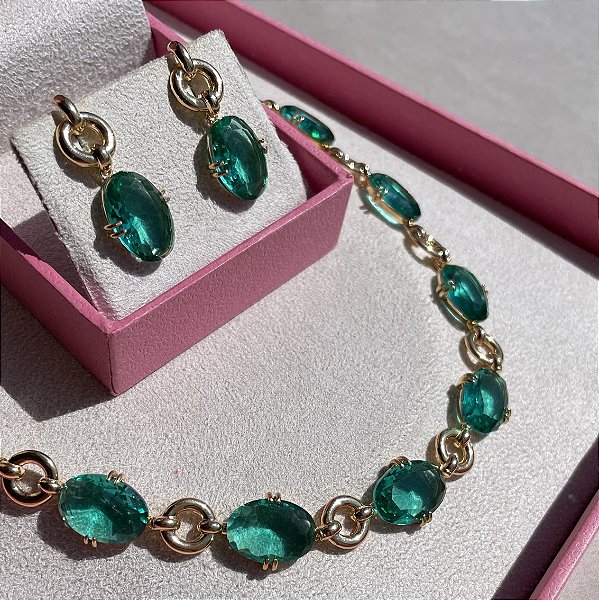Conjunto Brinco + Colar + Pulseira Oval Turmalina Banhado a Ouro