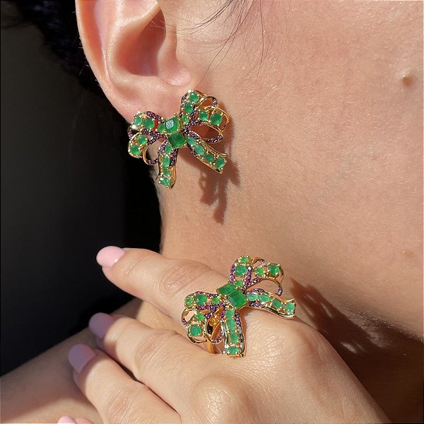 Conjunto Laço Esmeralda e Ametista Banhado a Ouro - Aro Regulável