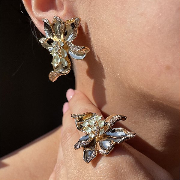 Conjunto Orquídea Organic Greenery Banhado a Ouro - ARO 18 e 21