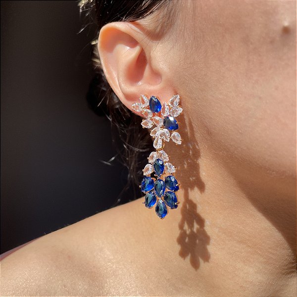Brinco Luxo Cristal e Safira Azul Banhado a Ouro